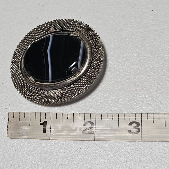 Vintage Retro Silver Tone Black Agate Oval Brooch Pin 50s 60s Fashion Jewelry - Picture 4 of 4